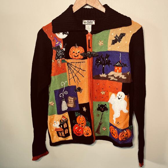 Tiara VTG Sweater Halloween Appliquéd Novelty Black Orange Full Zip Cardigan M - Picture 1 of 7